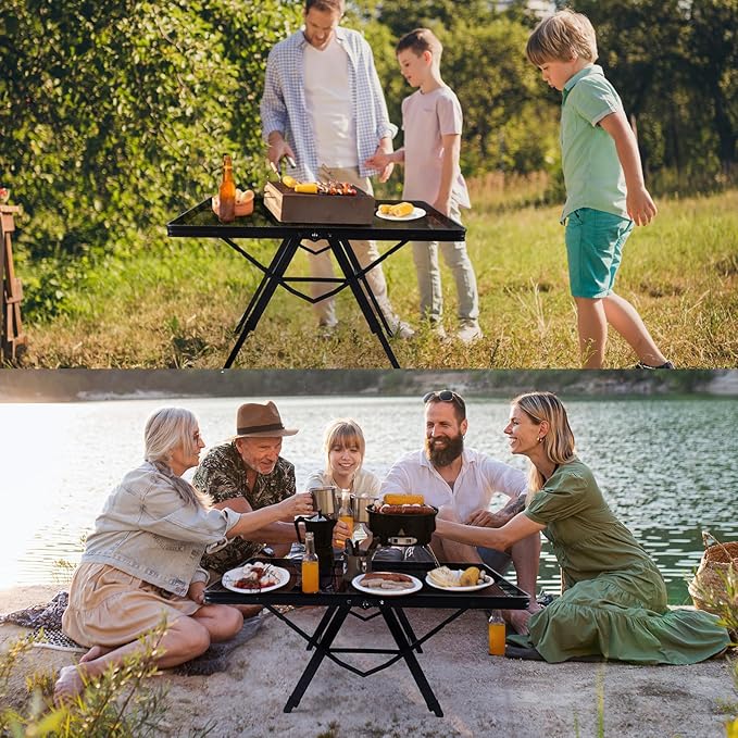WildFinder 3 FT folding grill table used by a family outdoors and at a lakeside picnic