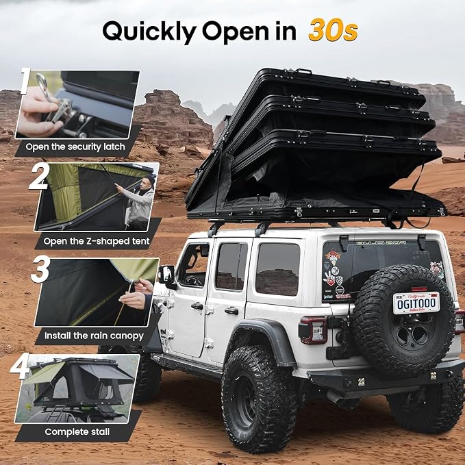 WildFinder rooftop tent four-step quick-open setup in about 30 seconds