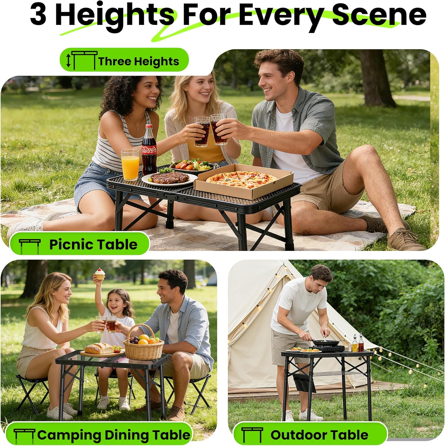 WildFinder 2x1.3 FT table with three heights for picnic, dining and outdoor scenes