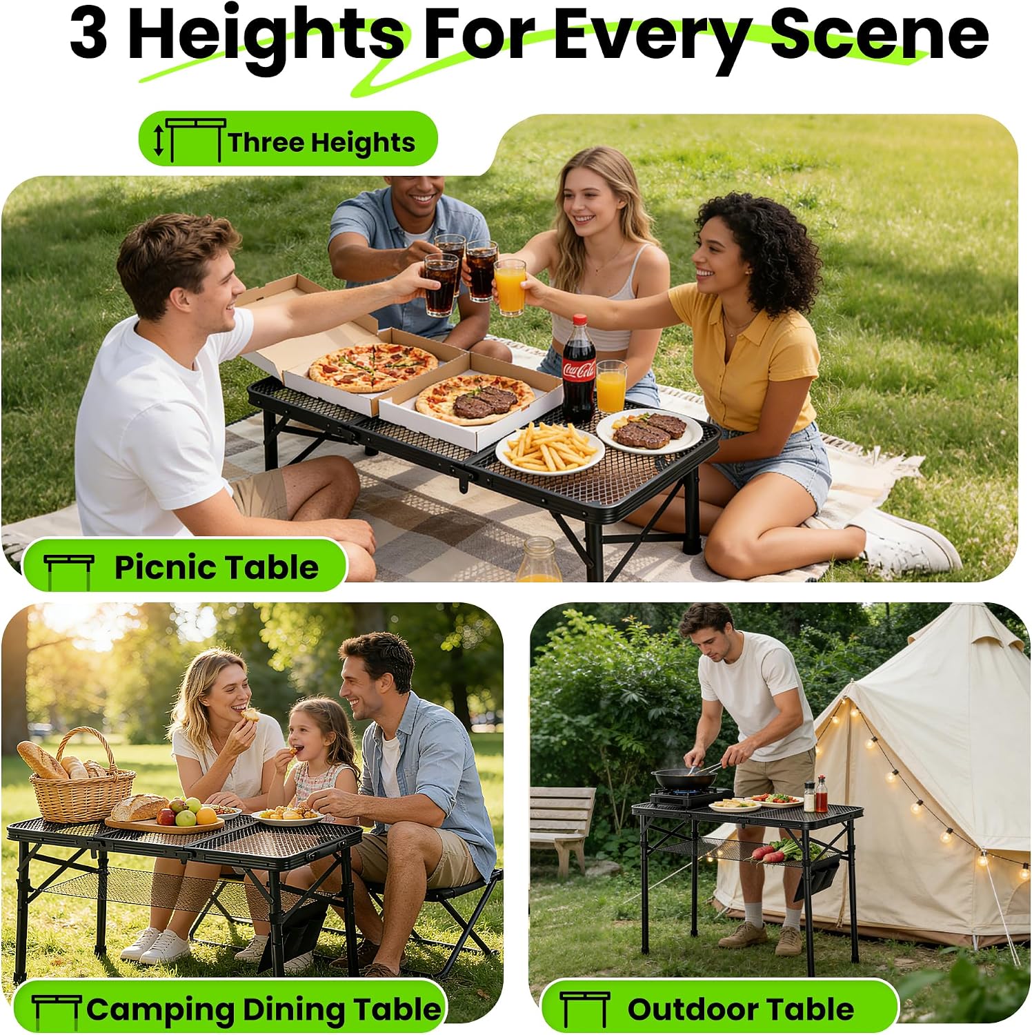 WildFinder 3x1.3 FT table three heights for picnic, dining and outdoor scenes