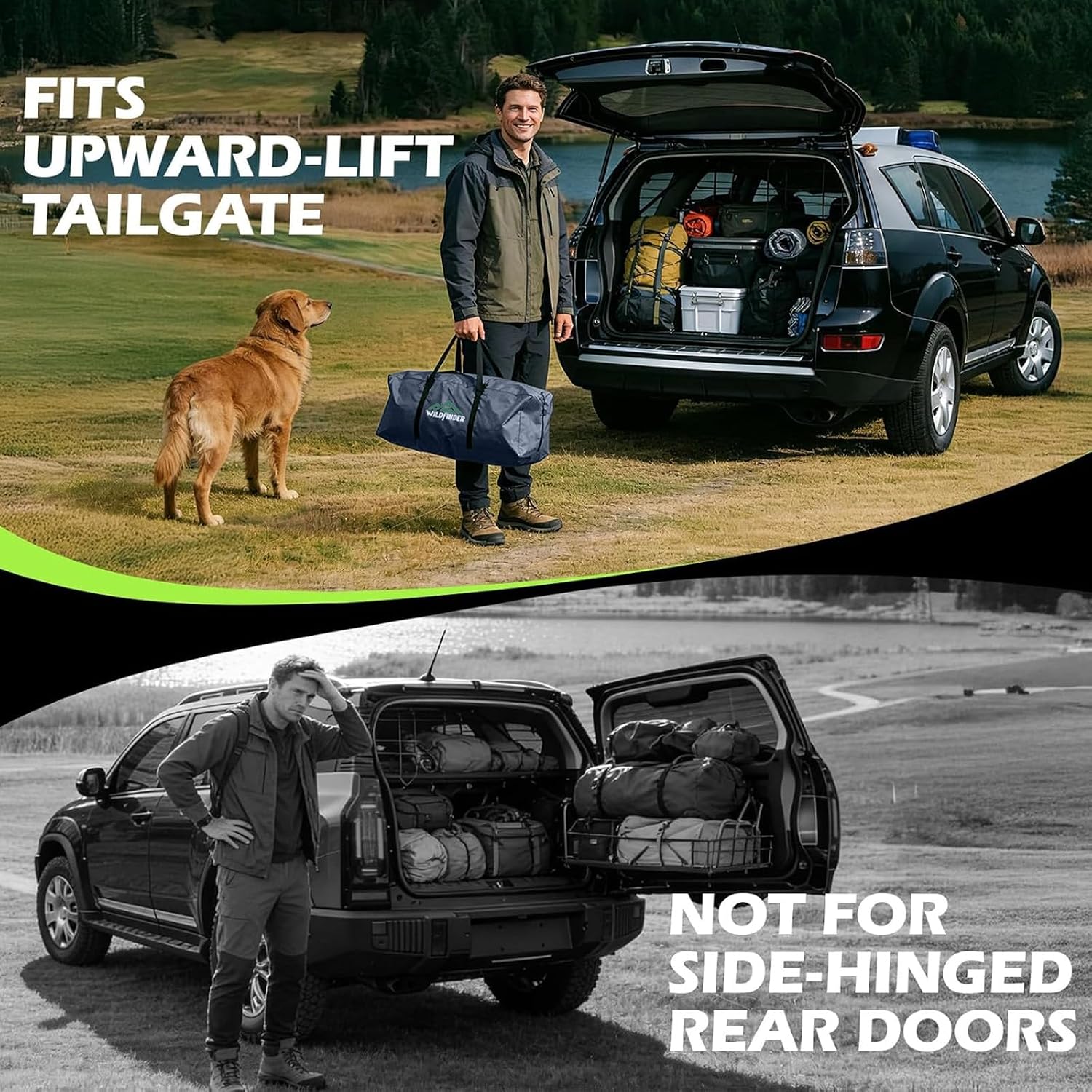 WildFinder dome SUV tent fits upward-lift tailgate, not side-hinged rear doors