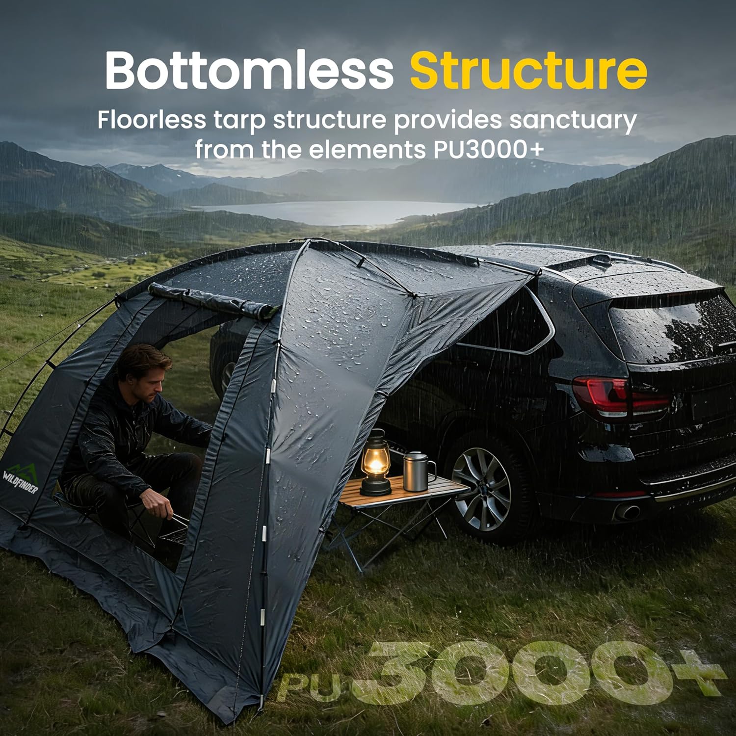 WildFinder car-side awning tent bottomless floorless structure with PU3000 waterproofing