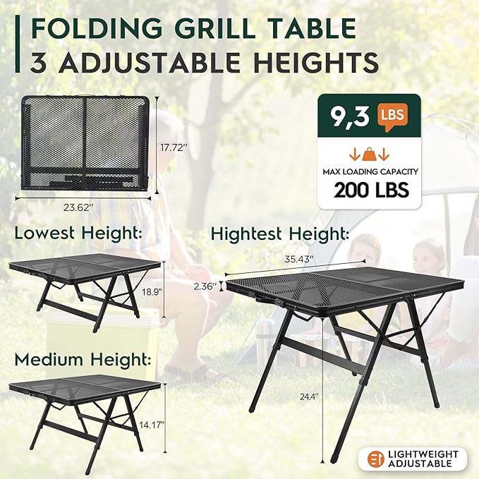 WildFinder 3 FT folding grill table with three adjustable heights diagram