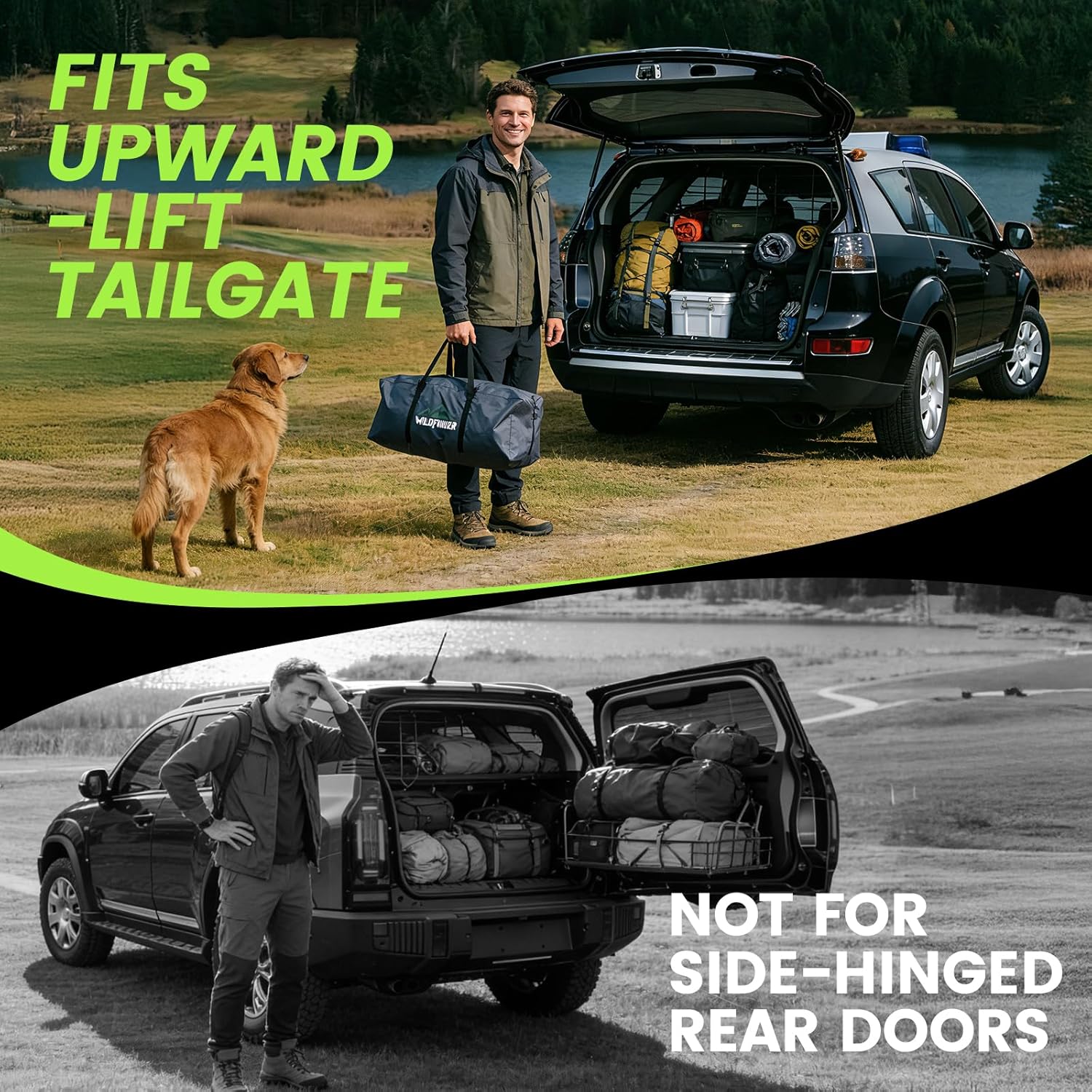 WildFinder SUV tent fits upward-lift tailgate, not side-hinged rear doors