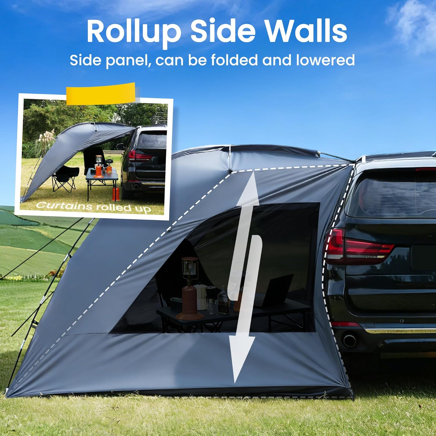 WildFinder car-side awning tent with rollup side walls that fold and lower