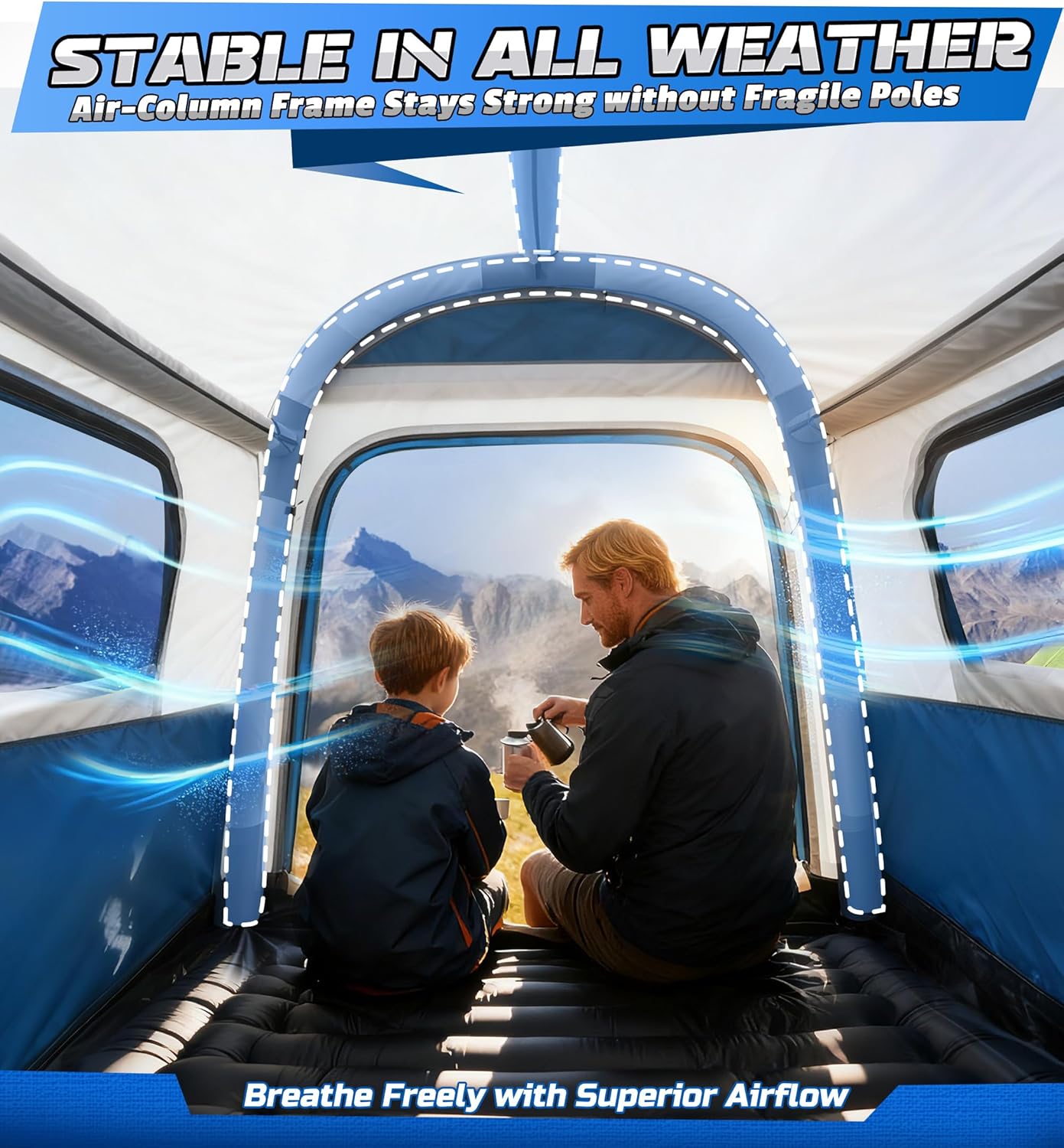 WildFinder inflatable truck bed tent air-column frame stays stable in all weather with superior airflow
