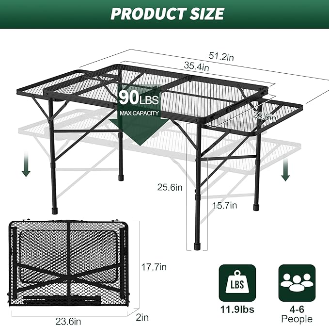 WildFinder folding table product size and 90 lb max capacity diagram