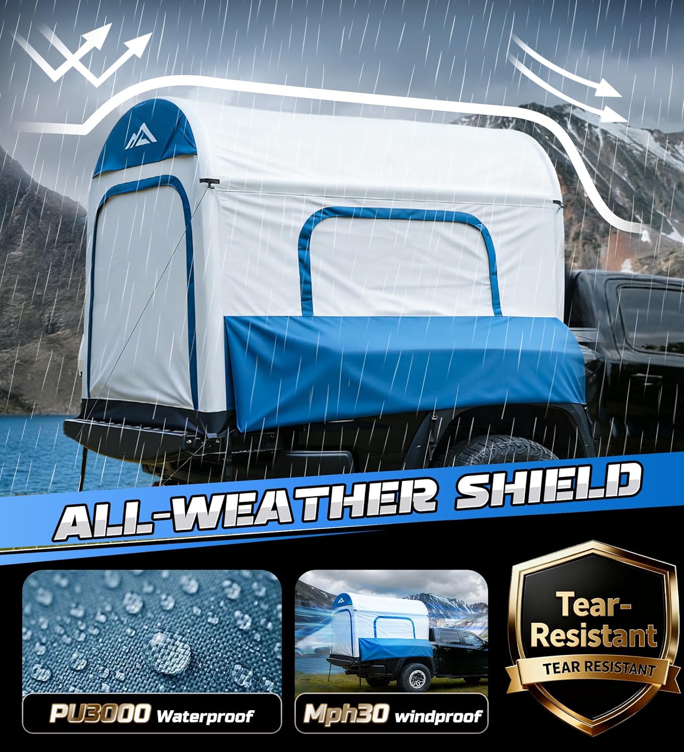 WildFinder inflatable truck bed tent all-weather shield, PU3000 waterproof and windproof tear-resistant