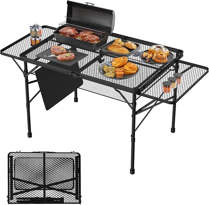 WildFinder folding grill table with wing panels holding a grill and food