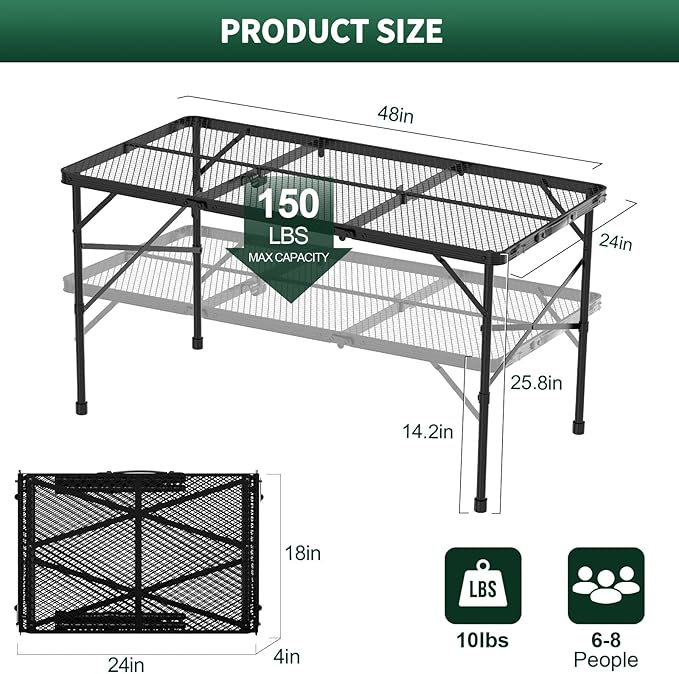 WildFinder 4x2 FT folding table product size, 48 inches and 150 lb max capacity