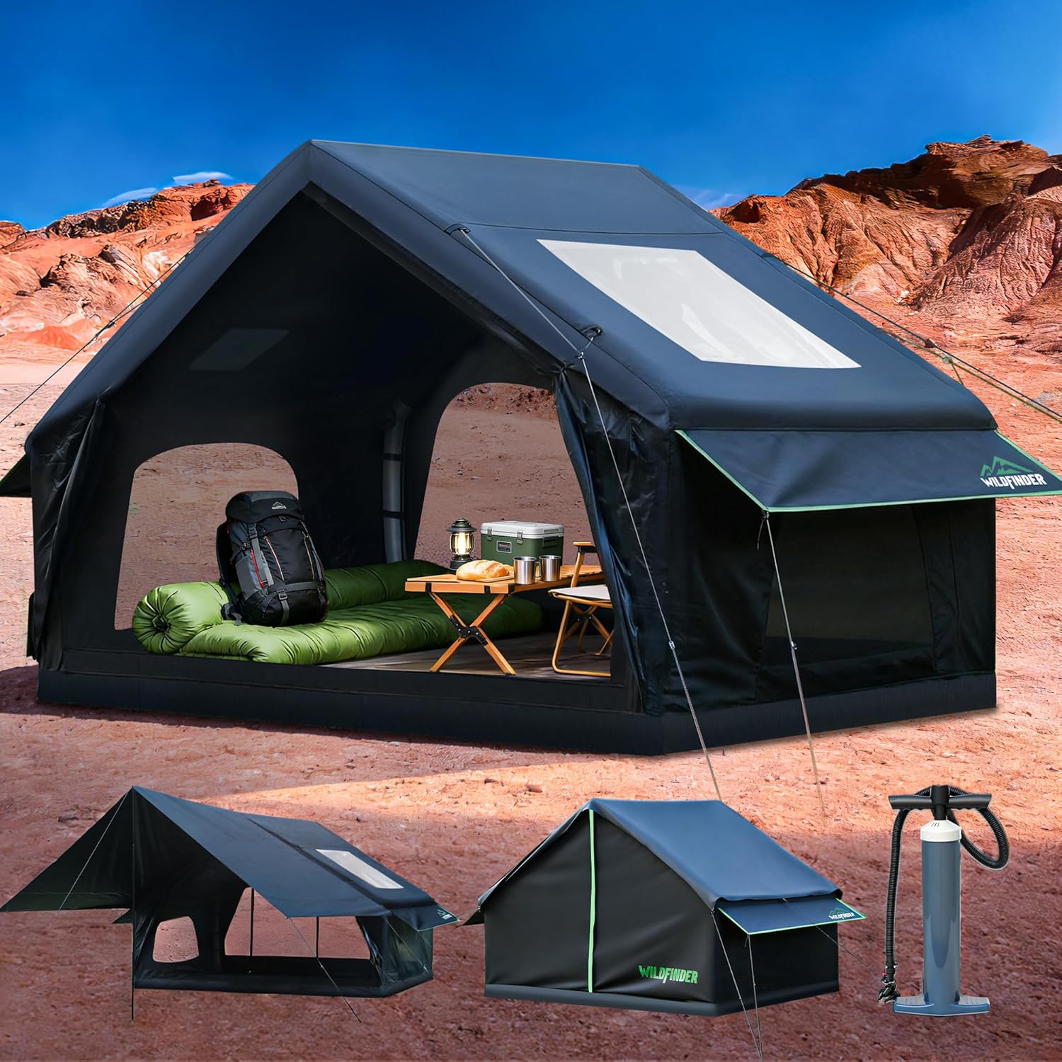 WildFinder black inflatable hot tent with skylight