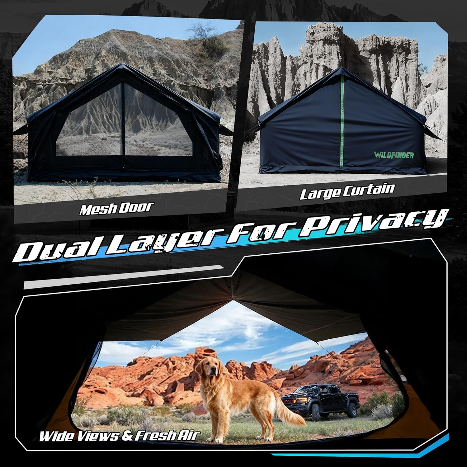 WildFinder black inflatable tent dual-layer mesh door and large privacy curtain
