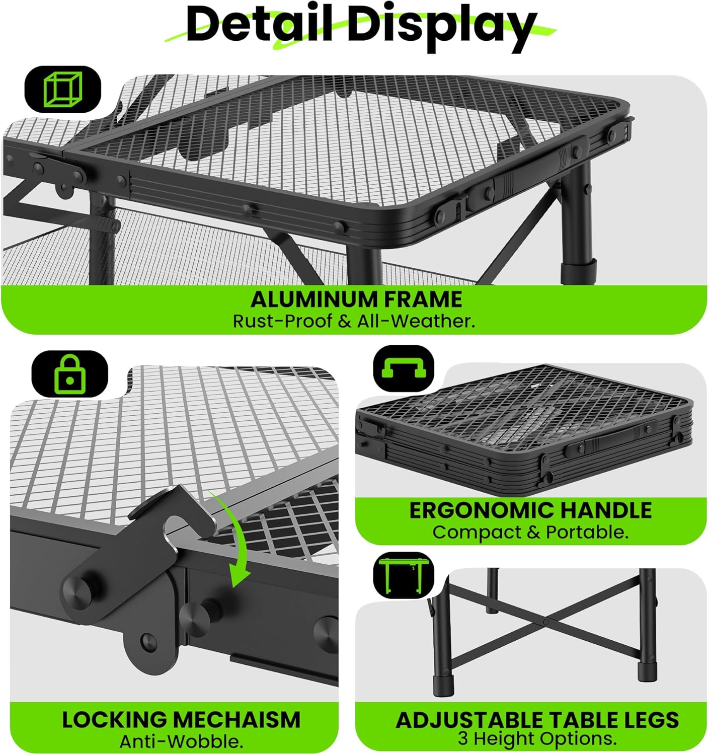 WildFinder 2x1.3 FT table detail: aluminum frame, locking mechanism, adjustable legs