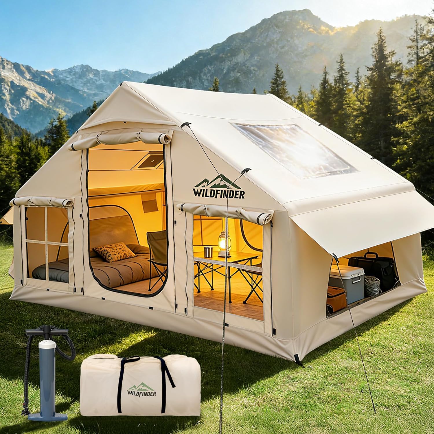 WildFinder off white inflatable glamping tent with skylight on grass