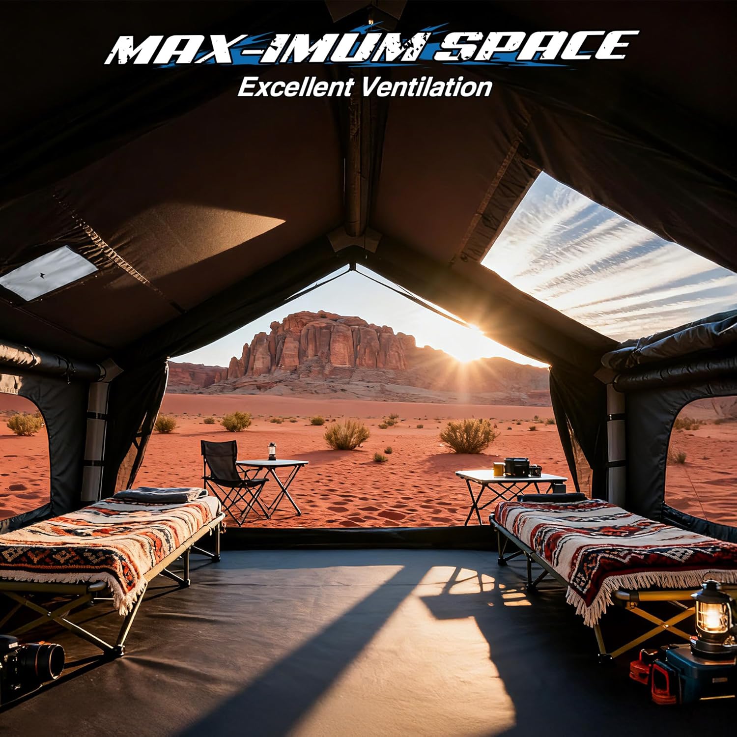 WildFinder black inflatable tent maximum interior space with a desert view