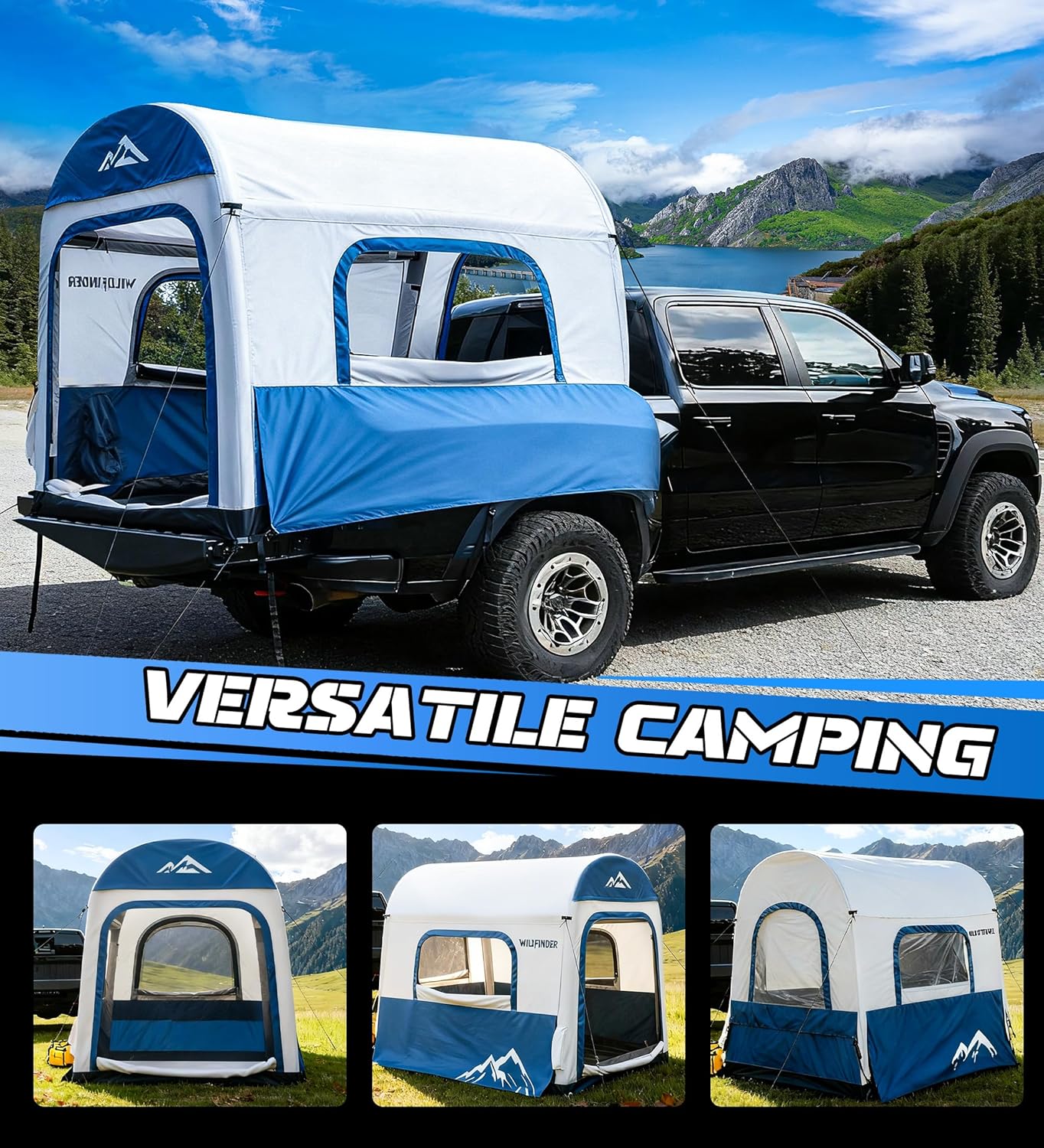WildFinder inflatable truck bed tent versatile camping, used in pickup bed or on the ground