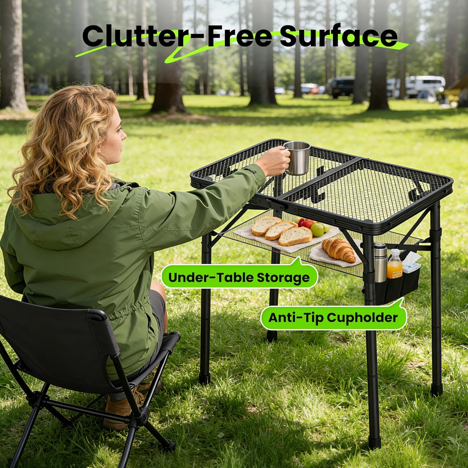 WildFinder 2x1.3 FT extra-tall table with clutter-free surface, under-table storage and cupholder