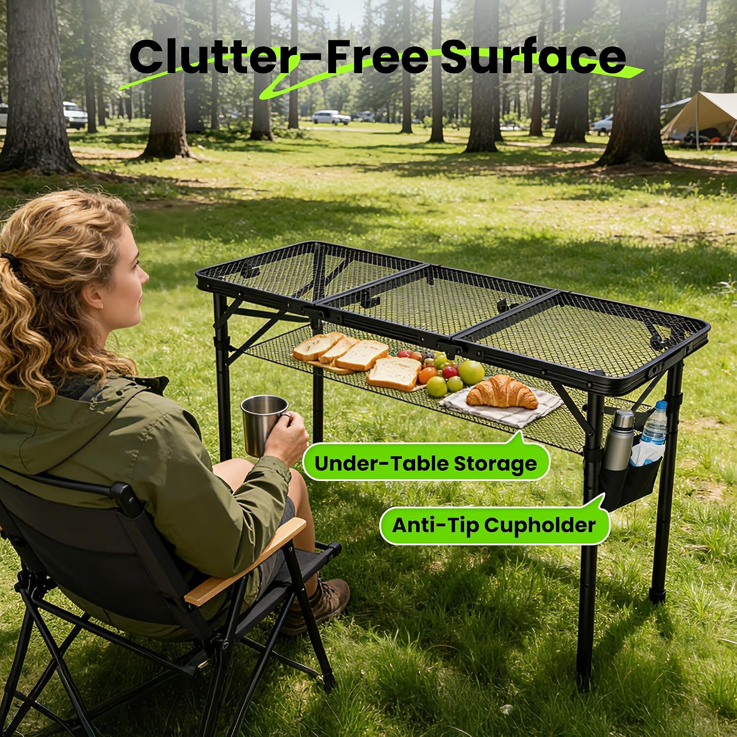 WildFinder 3x1.3 FT extra-tall table with clutter-free surface, under-table storage and cupholder