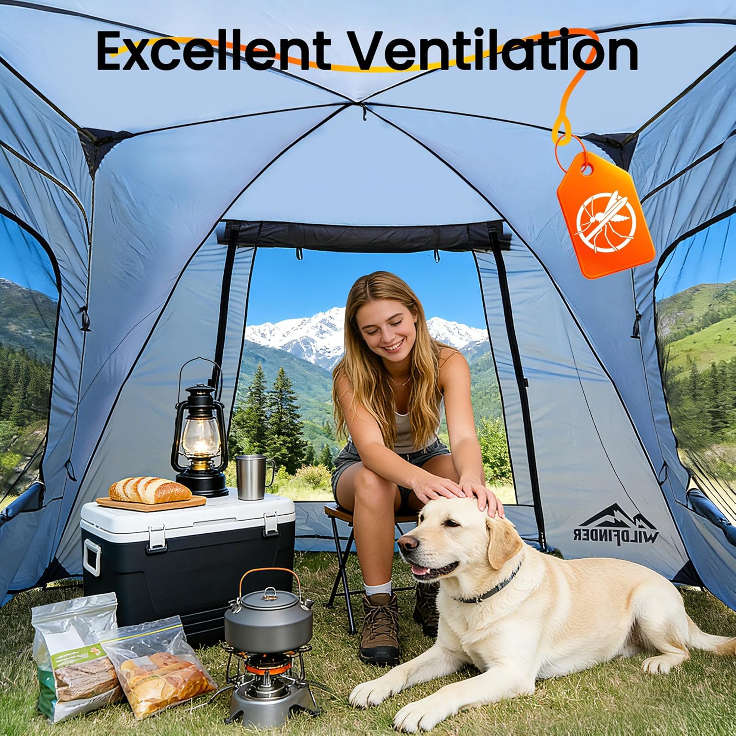 WildFinder car-side awning tent excellent ventilation with a woman and dog inside