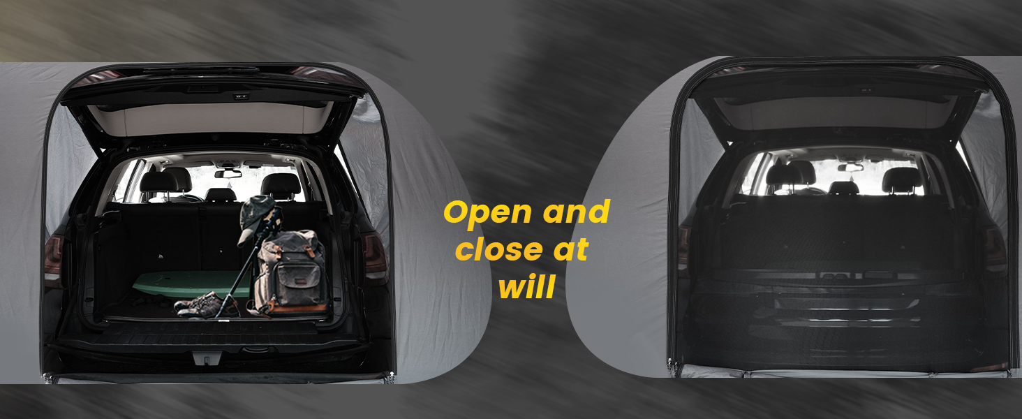 WildFinder SUV tent attaches to the vehicle rear hatch, open and close at will