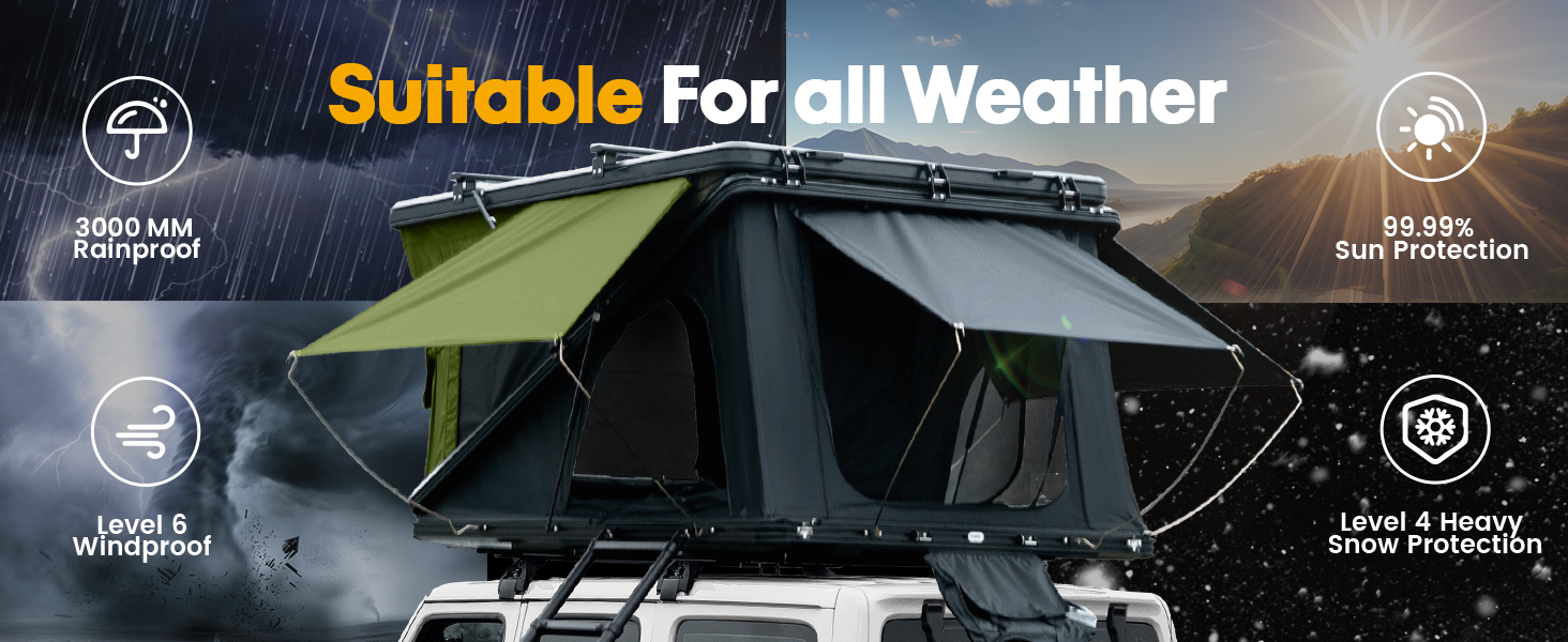 WildFinder rooftop tent all-weather ratings: 3000mm waterproof, UV protection, wind and snow resistance