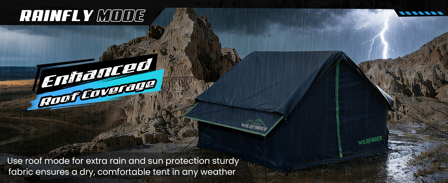 WildFinder black inflatable tent in rainfly mode for enhanced roof coverage