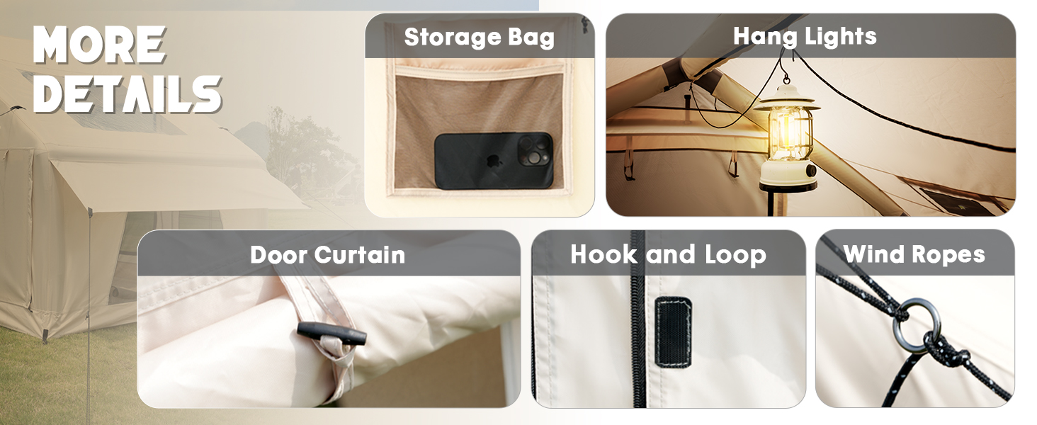 WildFinder inflatable tent details: storage bag, hang lights, door curtain, hook and loop, wind ropes