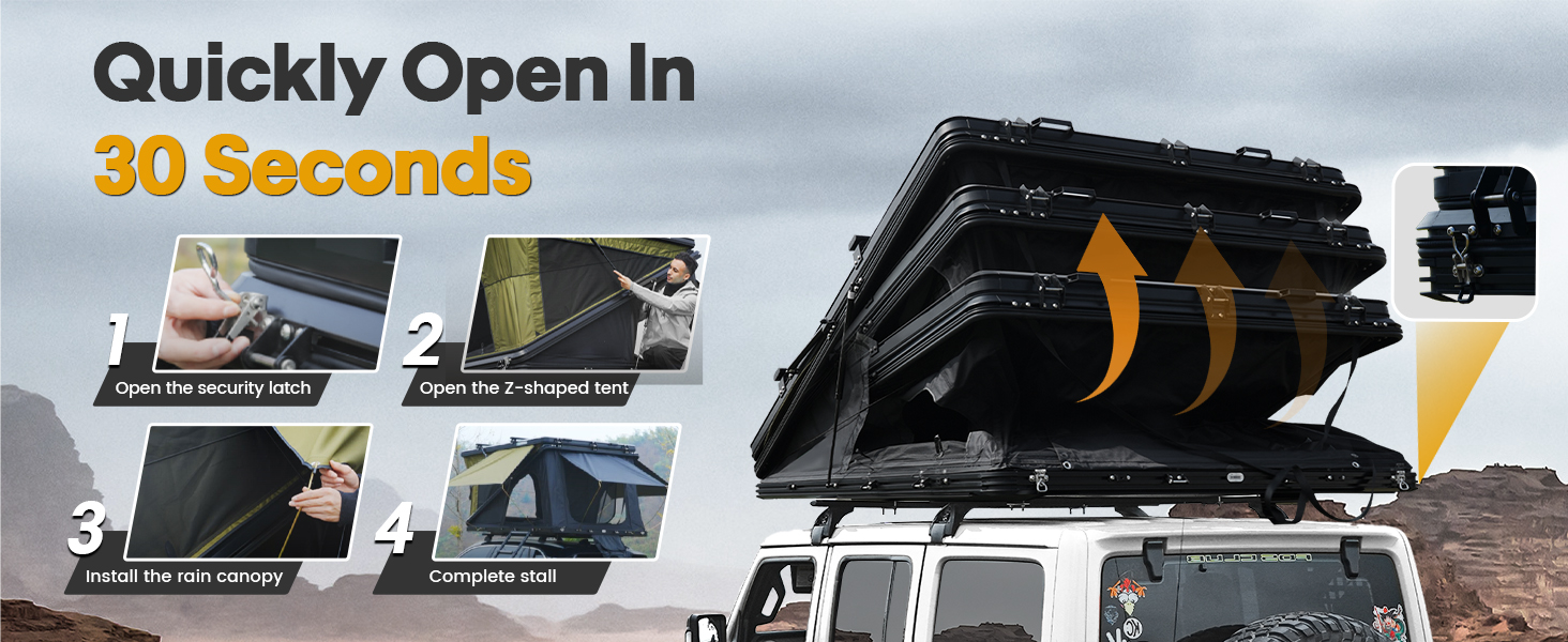 WildFinder rooftop tent opening in 30 seconds in four steps