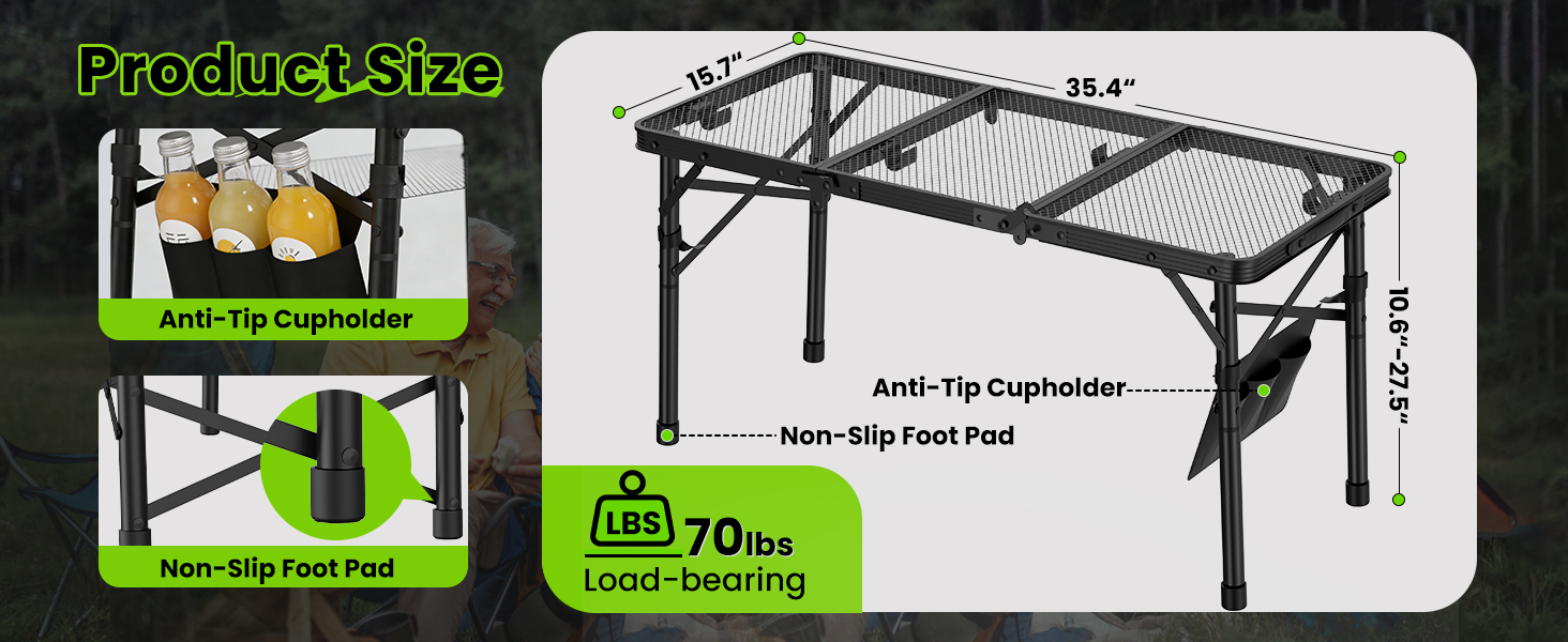 WildFinder 3x1.3 FT table product size with anti-tip cupholder and 70 lb load-bearing