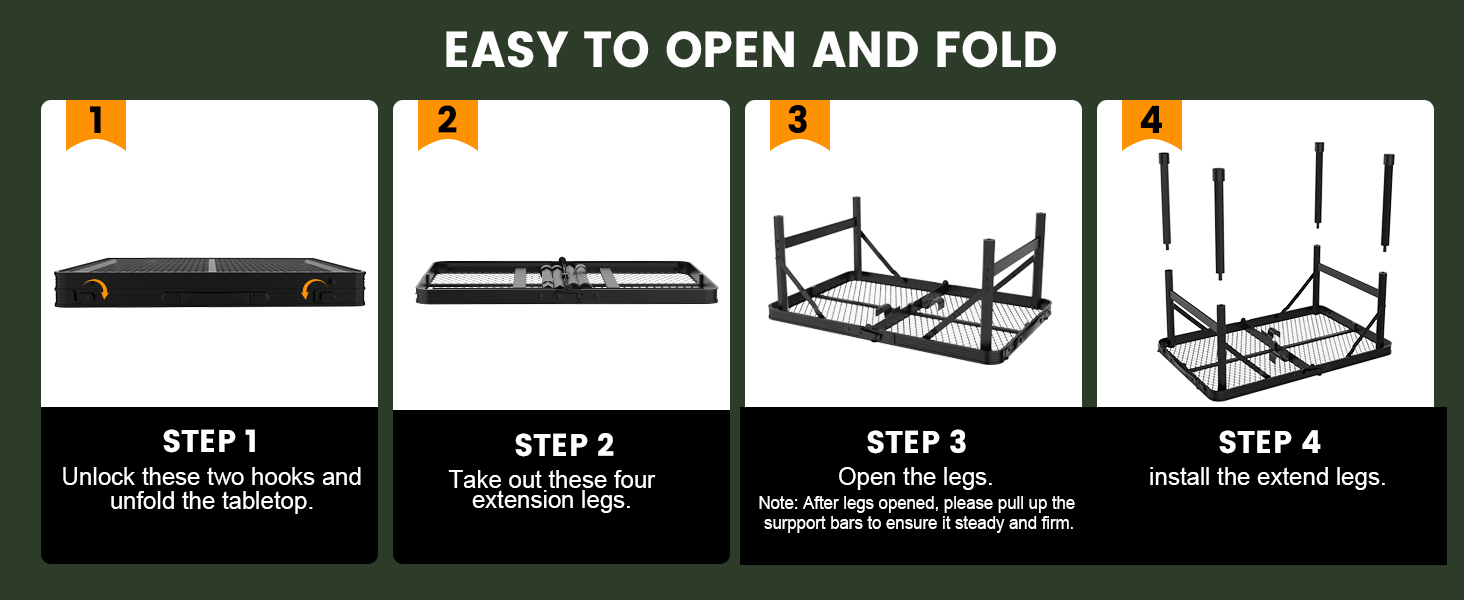 WildFinder 2x1.3 FT folding table easy to open and fold in four steps