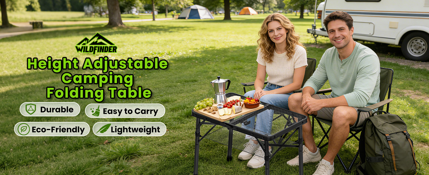 WildFinder height-adjustable camping folding table at a campsite with food