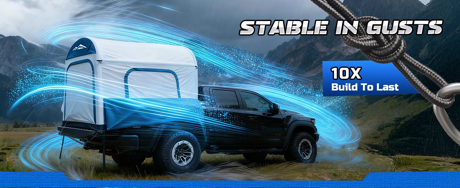 WildFinder inflatable truck bed tent air columns stable in gusts, built to last