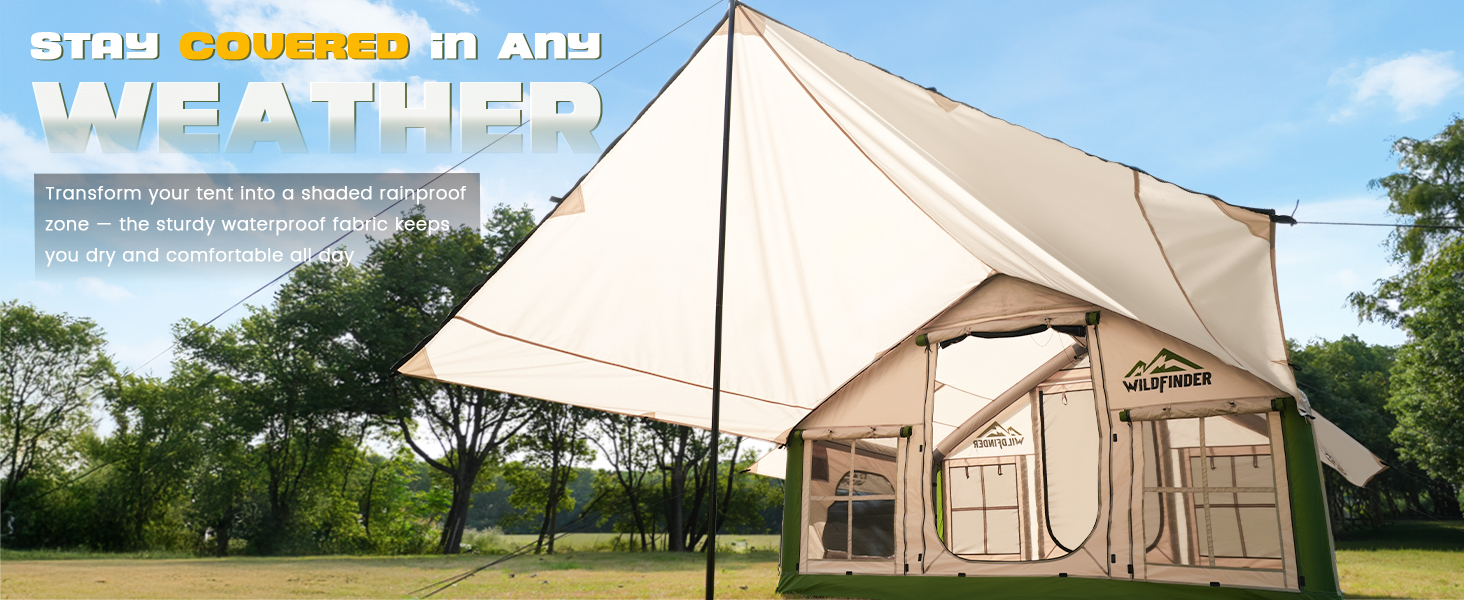 WildFinder green inflatable tent awning extended to stay covered in any weather