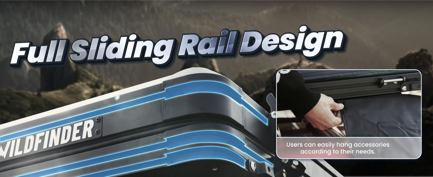 WildFinder rooftop tent full sliding rail design for hanging accessories